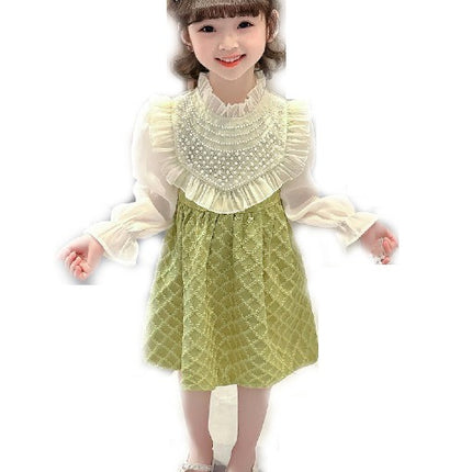 Girls Lace Pearl Dress Spring and Autumn Baby Girls Long Sleeve Fashion Princess Dress