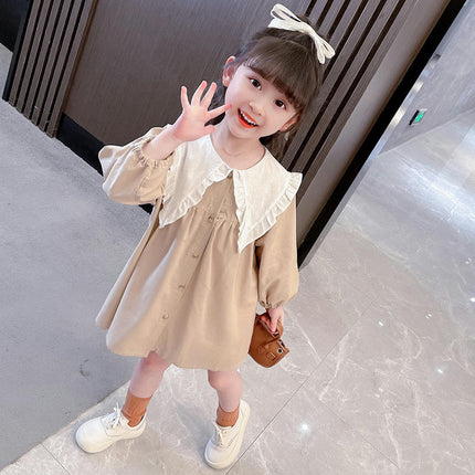 Girls Dress Peter Pan Collar Ruffle Neckline Long Sleeve Dress 2-8 Years Old