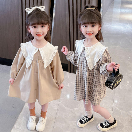 Girls Dress Peter Pan Collar Ruffle Neckline Long Sleeve Dress 2-8 Years Old