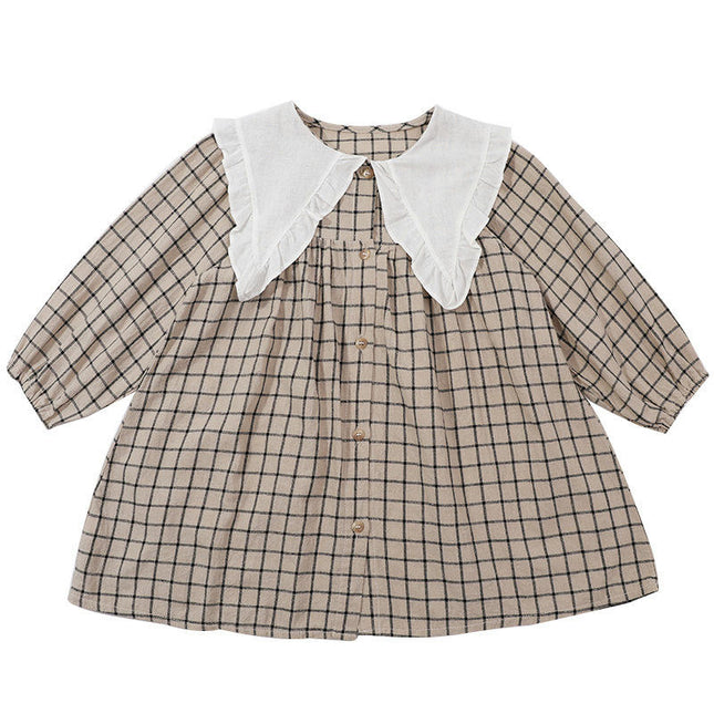 Girls Dress Peter Pan Collar Ruffle Neckline Long Sleeve Dress 2-8 Years Old