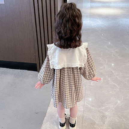 Girls Dress Peter Pan Collar Ruffle Neckline Long Sleeve Dress 2-8 Years Old