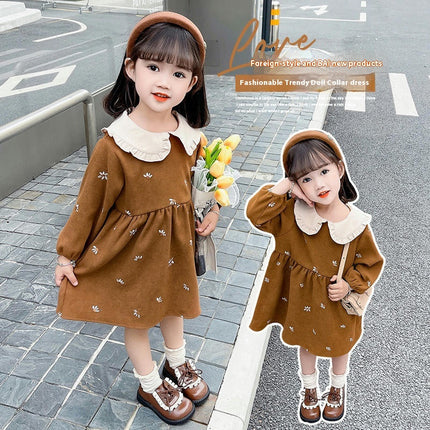 Girls Small Flower Embroidered Dress Doll Collar Long Sleeve Casual Dress