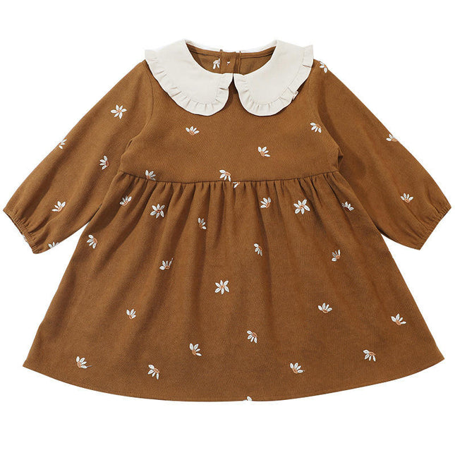 Girls Small Flower Embroidered Dress Doll Collar Long Sleeve Casual Dress