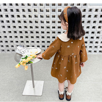 Girls Small Flower Embroidered Dress Doll Collar Long Sleeve Casual Dress