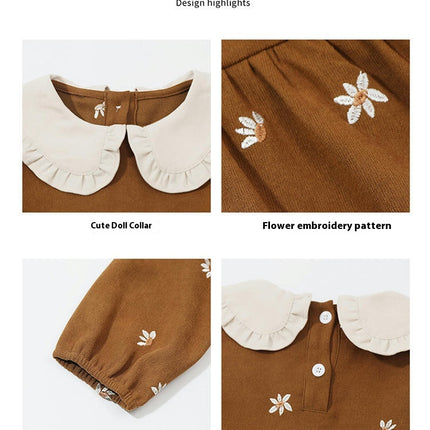 Girls Small Flower Embroidered Dress Doll Collar Long Sleeve Casual Dress