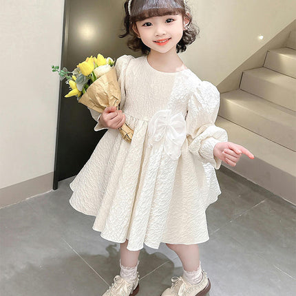 Girls Long-Sleeved Dress Children's Back Bow Lace Princess Skirt Birthday Dress