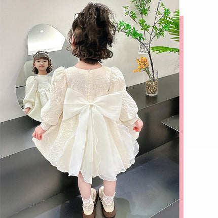 Girls Long-Sleeved Dress Children's Back Bow Lace Princess Skirt Birthday Dress