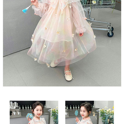 Girls 3D Butterfly Princess Dress Spring and Autumn Mesh Long Sleeve Dress