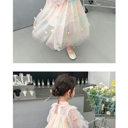 Girls 3D Butterfly Princess Dress Spring and Autumn Mesh Long Sleeve Dress