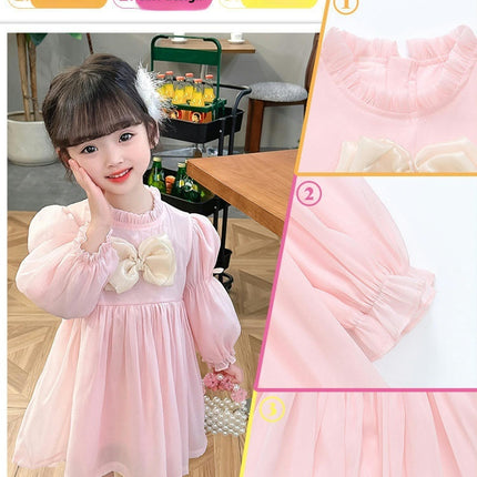 Girls Ruffle Stand Collar Dress Long Sleeve Bow Fashion Princess Dress