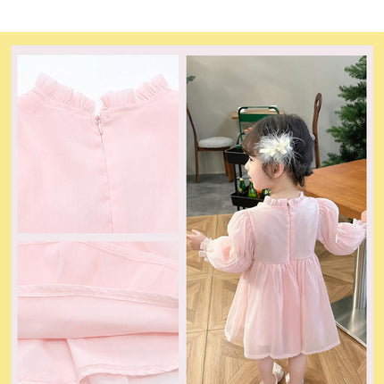Girls Ruffle Stand Collar Dress Long Sleeve Bow Fashion Princess Dress