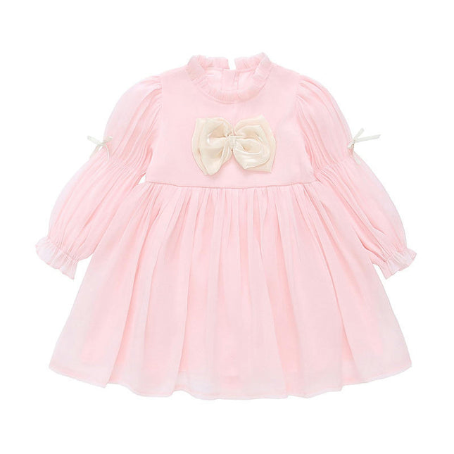 Girls Ruffle Stand Collar Dress Long Sleeve Bow Fashion Princess Dress