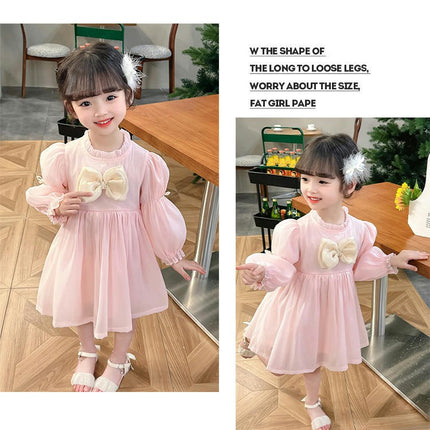 Girls Ruffle Stand Collar Dress Long Sleeve Bow Fashion Princess Dress