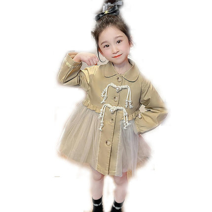 Baby Girl Spring Long-Sleeved Lapel Button Top Spliced ??Mesh Casual Dress