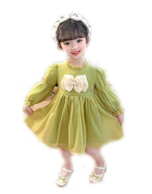 Girls Ruffle Stand Collar Dress Long Sleeve Bow Fashion Princess Dress