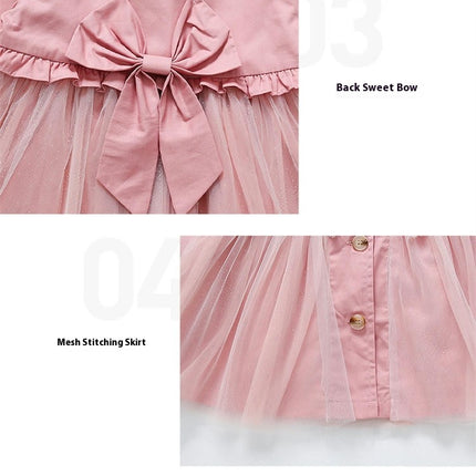 Baby Girl Spring Long-Sleeved Lapel Button Top Spliced ??Mesh Casual Dress