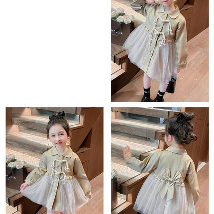 Baby Girl Spring Long-Sleeved Lapel Button Top Spliced ??Mesh Casual Dress