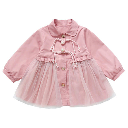 Baby Girl Spring Long-Sleeved Lapel Button Top Spliced ??Mesh Casual Dress