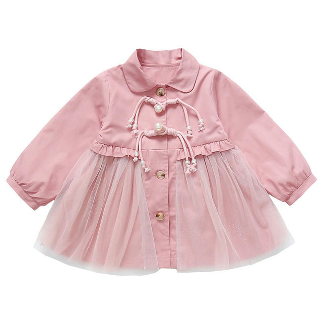Baby Girl Spring Long-Sleeved Lapel Button Top Spliced ??Mesh Casual Dress