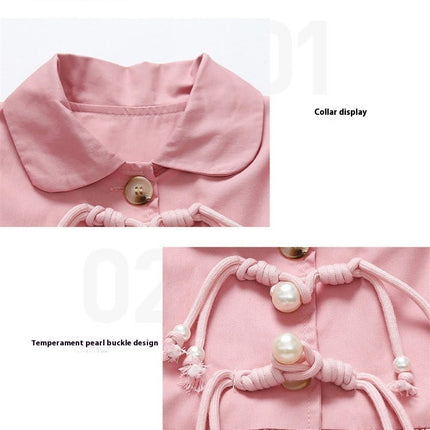Baby Girl Spring Long-Sleeved Lapel Button Top Spliced ??Mesh Casual Dress