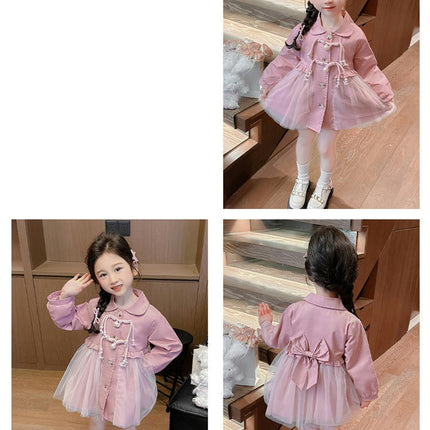 Baby Girl Spring Long-Sleeved Lapel Button Top Spliced ??Mesh Casual Dress