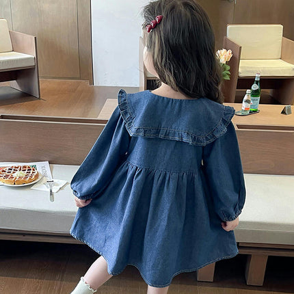 Baby Girl Denim Dress Peter Pan Collar Long Sleeve Flower Embroidery Dress