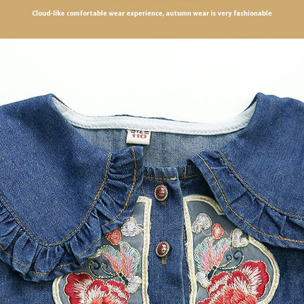 Baby Girl Denim Dress Peter Pan Collar Long Sleeve Flower Embroidery Dress