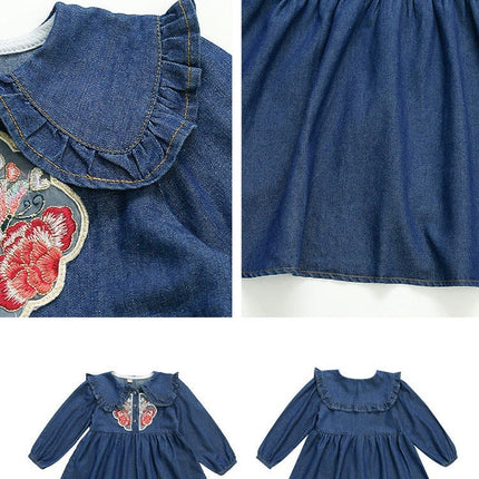 Baby Girl Denim Dress Peter Pan Collar Long Sleeve Flower Embroidery Dress