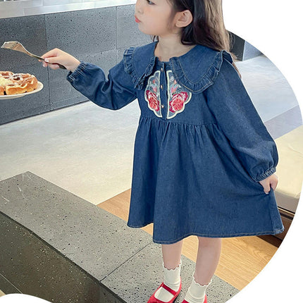 Baby Girl Denim Dress Peter Pan Collar Long Sleeve Flower Embroidery Dress