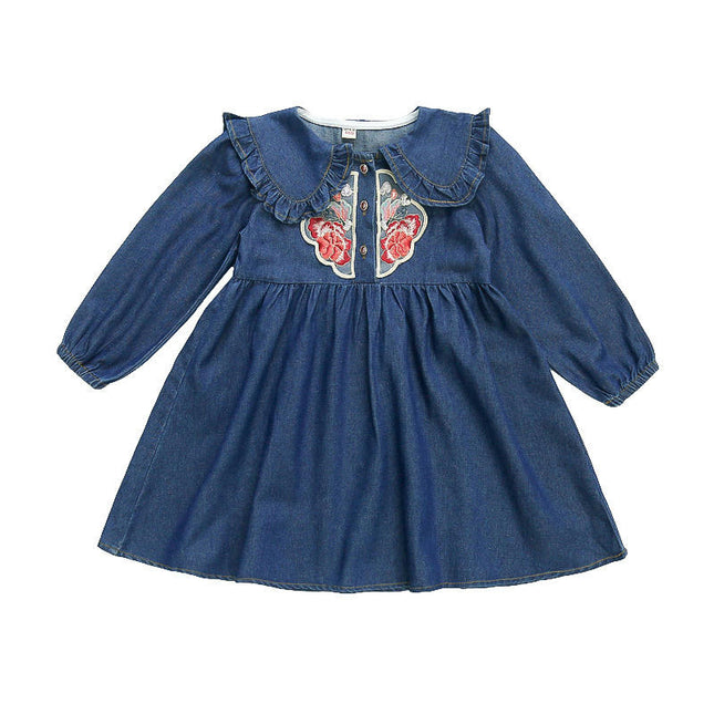 Baby Girl Denim Dress Peter Pan Collar Long Sleeve Flower Embroidery Dress
