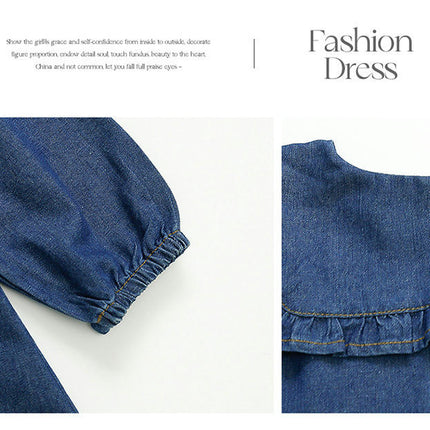 Baby Girl Denim Dress Peter Pan Collar Long Sleeve Flower Embroidery Dress