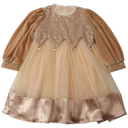 Baby Girl Pearl Round Neck Long Sleeve Sequined Tulle Dress with Headdress