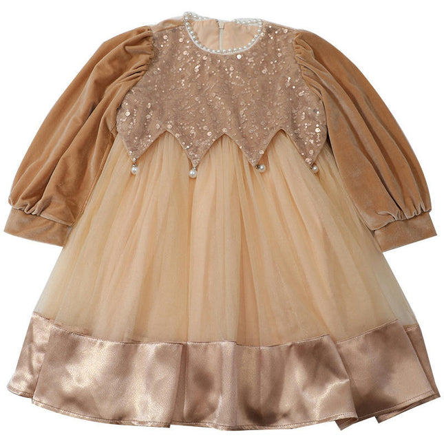 Baby Girl Pearl Round Neck Long Sleeve Sequined Tulle Dress with Headdress