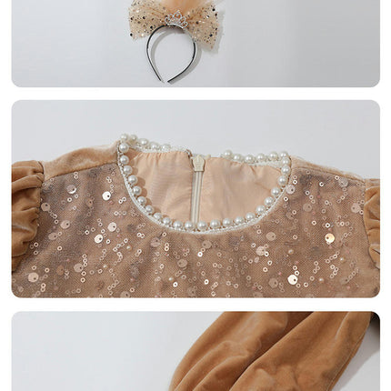 Baby Girl Pearl Round Neck Long Sleeve Sequined Tulle Dress with Headdress