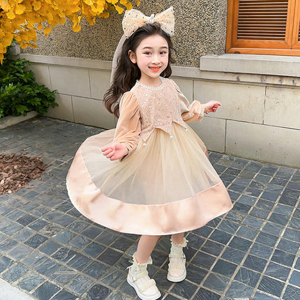 Baby Girl Pearl Round Neck Long Sleeve Sequined Tulle Dress with Headdress