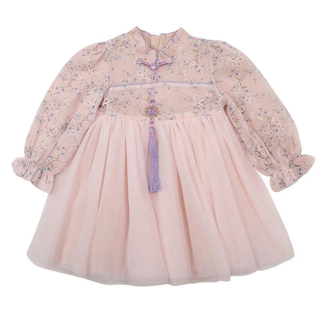 Baby Girls Stand Collar Floral Stitching Mesh Hem Long Sleeve Dress