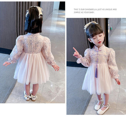 Baby Girls Stand Collar Floral Stitching Mesh Hem Long Sleeve Dress