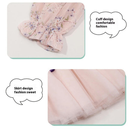 Baby Girls Stand Collar Floral Stitching Mesh Hem Long Sleeve Dress