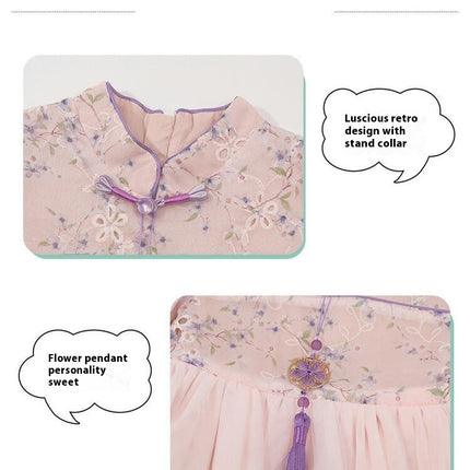 Baby Girls Stand Collar Floral Stitching Mesh Hem Long Sleeve Dress