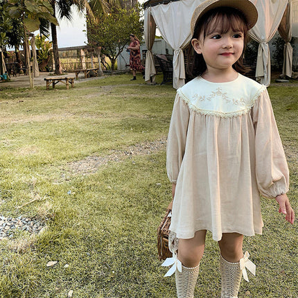 Girls Round Neck Long Sleeve Dress Lace Retro Palace Style Fashion Dress