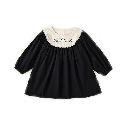 Girls Round Neck Long Sleeve Dress Lace Retro Palace Style Fashion Dress
