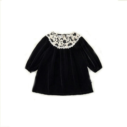 Girls Gold Velvet Dress Retro Lace Round Neck Puff Sleeve Princess Dress