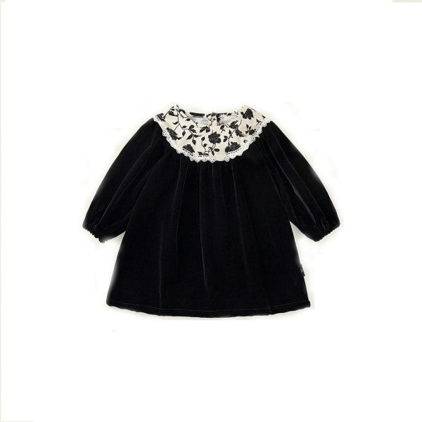 Girls Gold Velvet Dress Retro Lace Round Neck Puff Sleeve Princess Dress