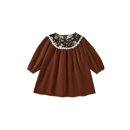 Girls Gold Velvet Dress Retro Lace Round Neck Puff Sleeve Princess Dress