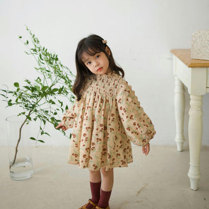 Toddler Long-Sleeved Floral Dress Pastoral Style Ruffled Princess Dress