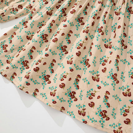 Toddler Long-Sleeved Floral Dress Pastoral Style Ruffled Princess Dress