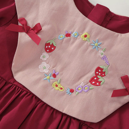 Girls Retro Embroidered Dress Long Sleeve Cotton Princess Dress