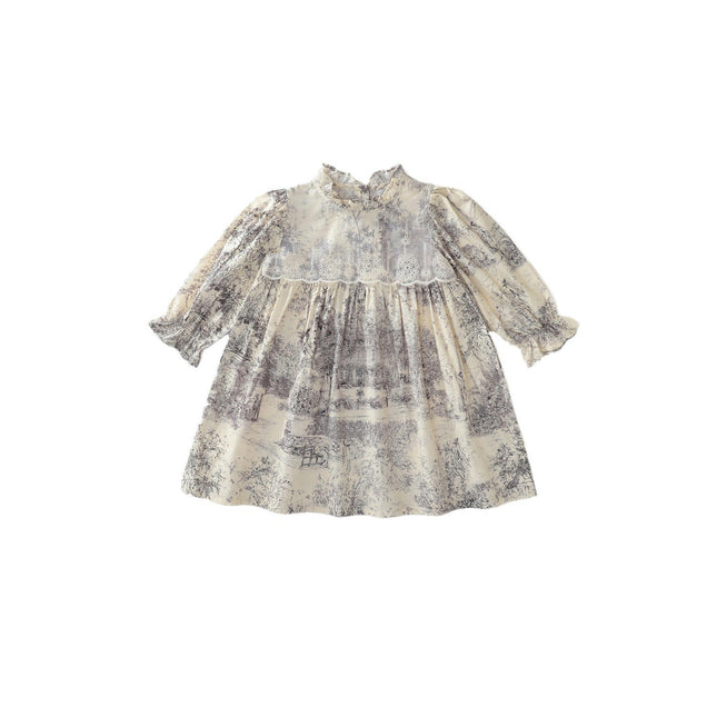 Girls Ruffled Lace Collar Long Sleeve Landscape Painting Lace Splicing Dress