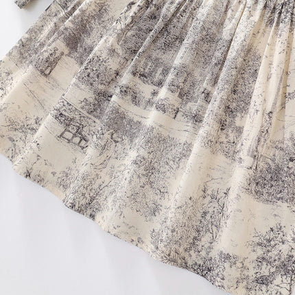 Girls Ruffled Lace Collar Long Sleeve Landscape Painting Lace Splicing Dress