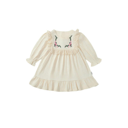 Girls Long Sleeve Embroidered Dress French Lace Puff Sleeve Princess Dress